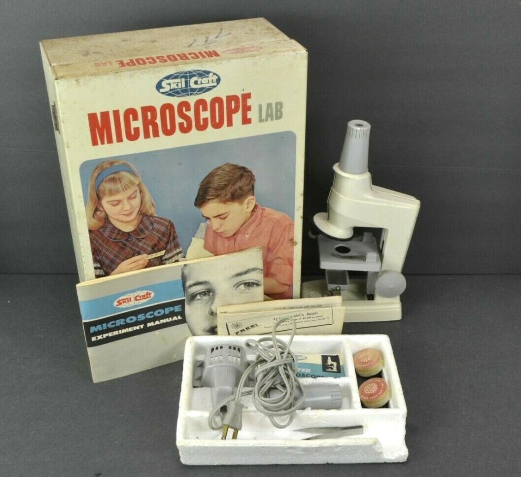 Vintage 1960s Skilcraft Microscope Lab Set Prop Metal Case PARTIAL Accessories