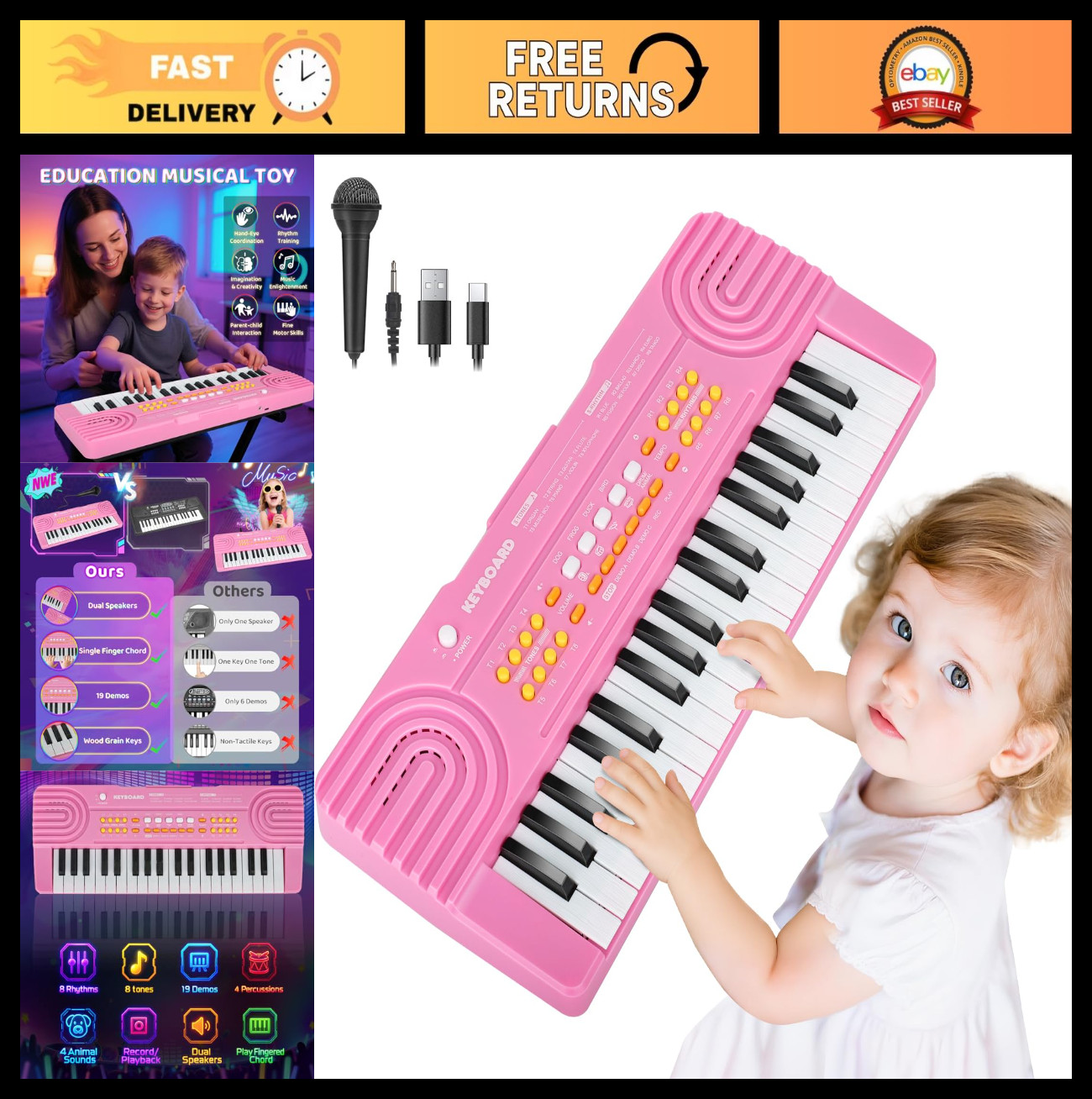 37-Key Pink Piano Keyboard Toy with Microphone – Perfect Gift for Kids 3-7 Years