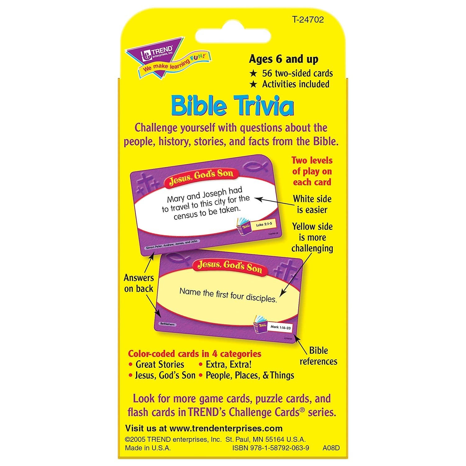 Bible Trivia Flash Cards for Kids Ages 6 to 12 56 Two Sided Cards Fun Learning