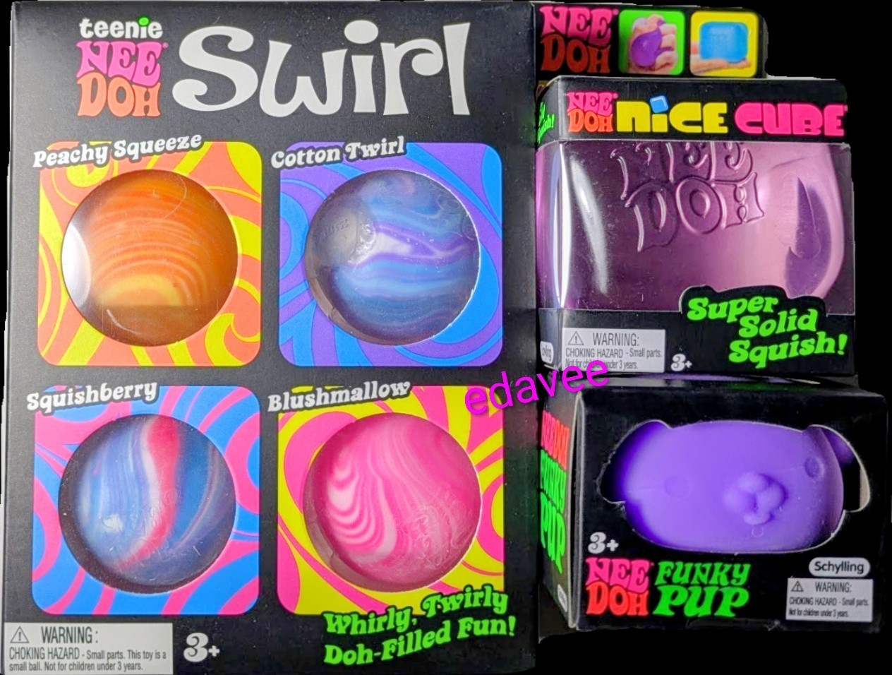 NeeDoh Funky Pup, Swirl Teenie 4-Pack, Nice Cube-Mostly Purple Bundle- 3 pack