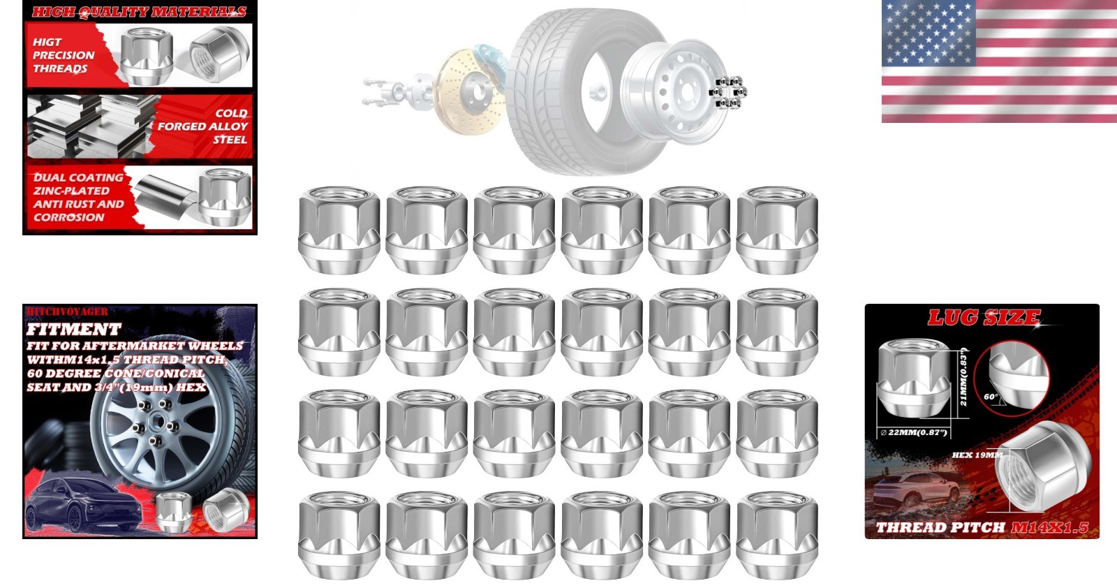 M14×1.5 Open-End Lug Nuts with 60 Degre Conical Seat,Galvanized, 3/4″ Hex (0.83