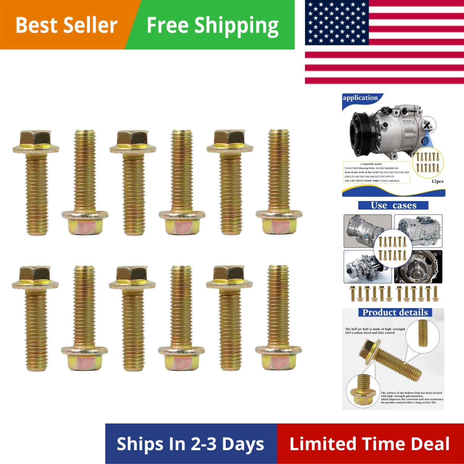 12 Pcs 551652 Bell Housing Bolts Set Kit Compatible with LS/LT Engine Transmi…