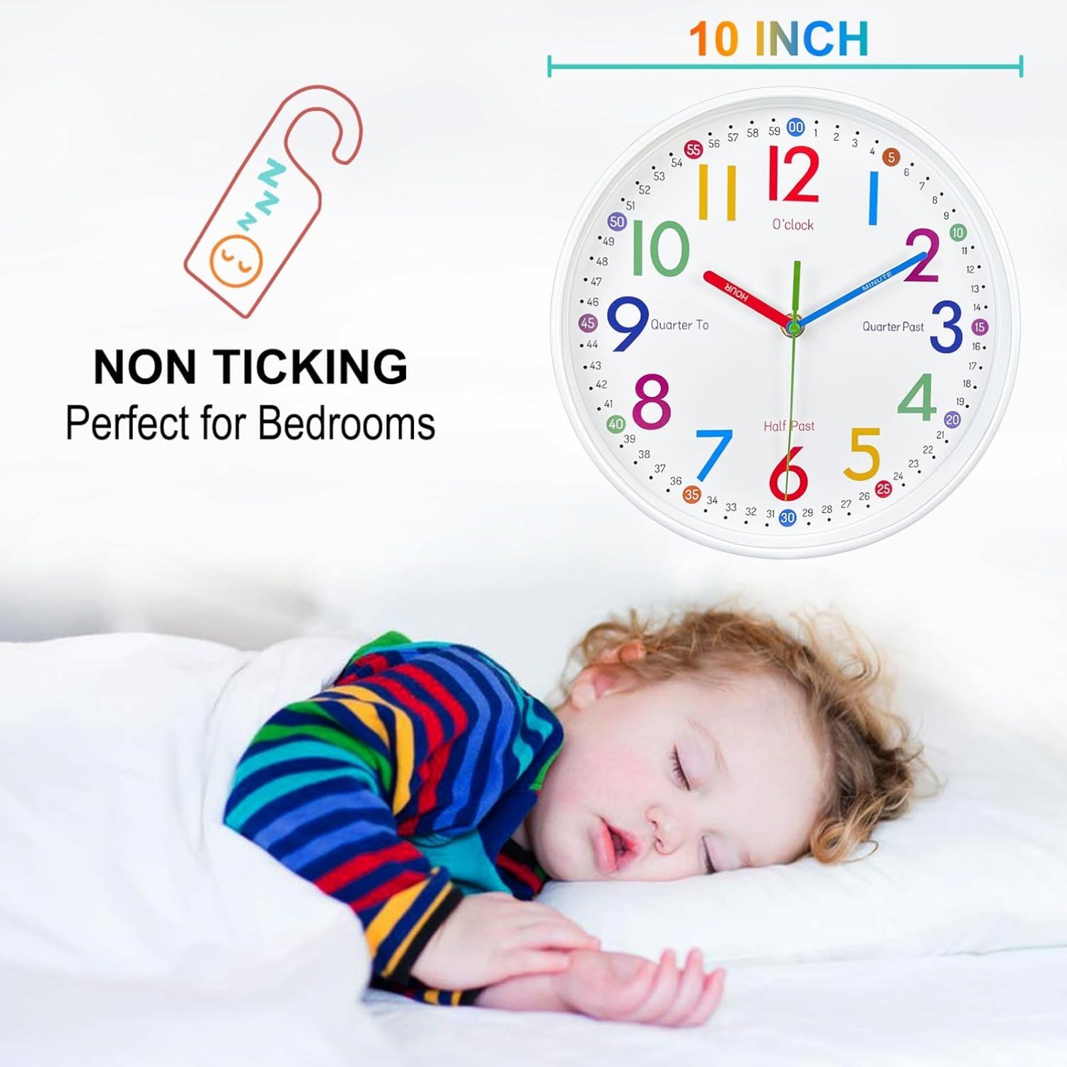 10 Inch Learning Clock for Kids,Telling Time Easily Non Ticking Battery Operated