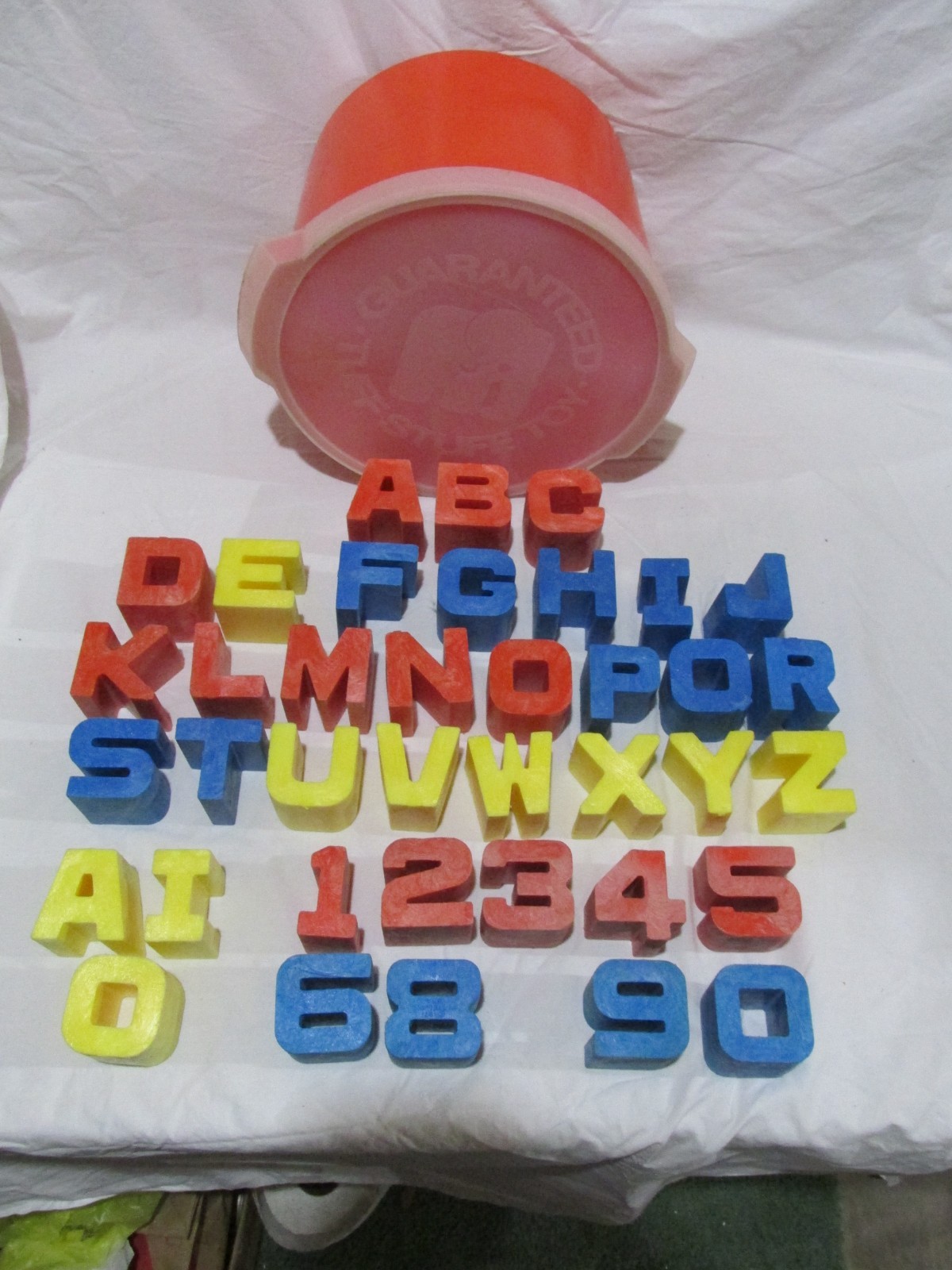 Vintage 1971 Mattel Tuff Stuff Alphabet Letter and Number Blocks with Bucket