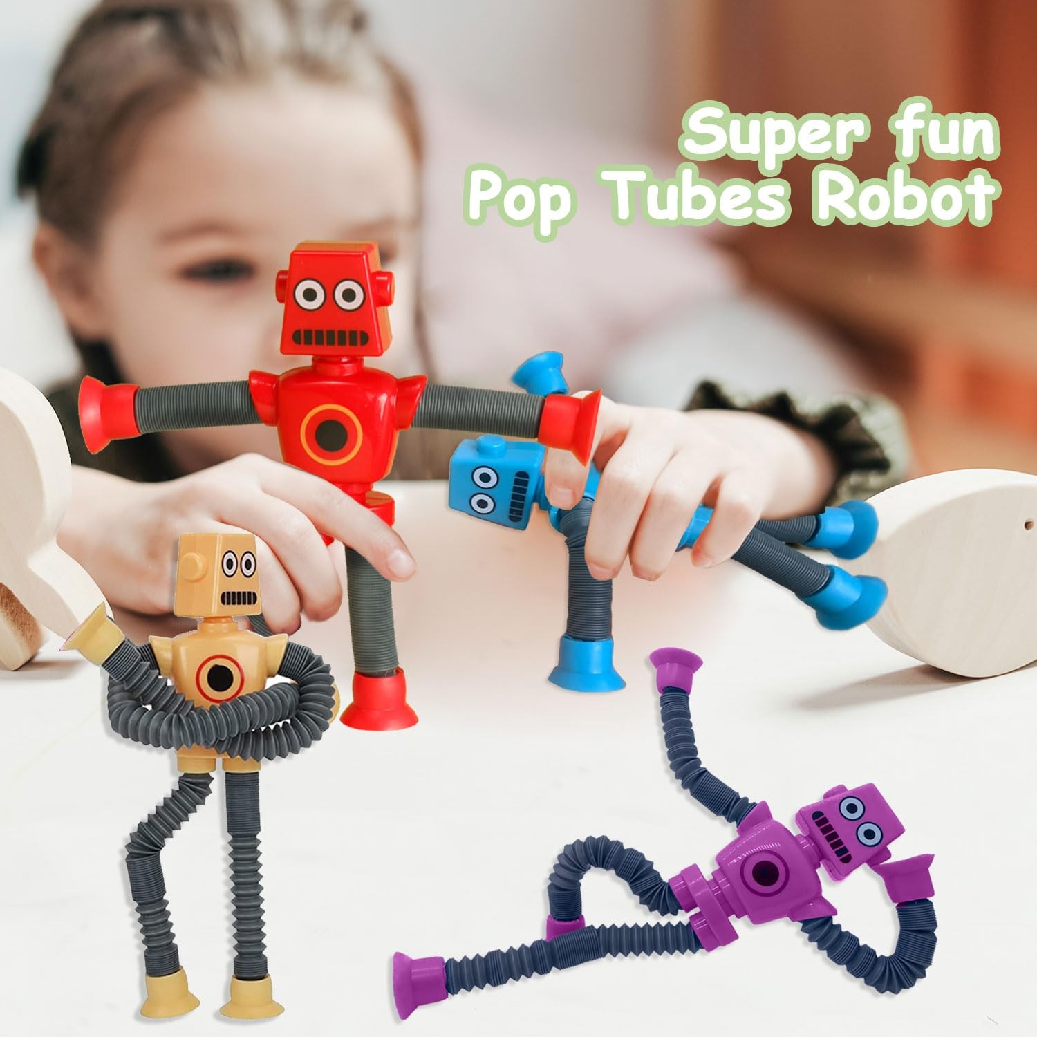 Pop Tubes Toys Robot Suction pop tubes robot toys, Green, Blue, Red, Yellow