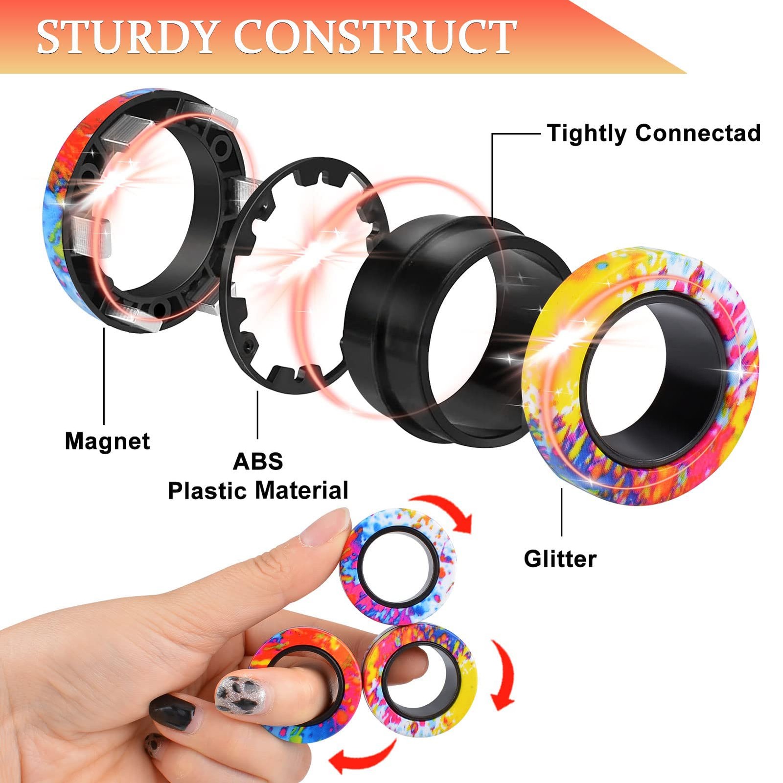Cevioce 3Pcs Magnetic Rings Fidget Toy Set, ADHD Anxiety Small, [Multi]