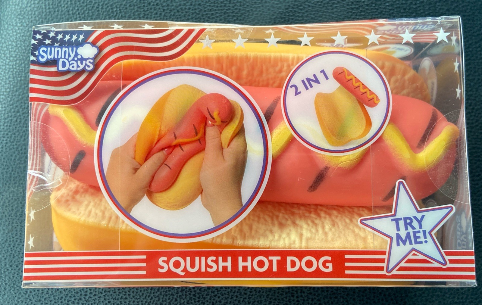 NIB Toymendous Sunny Days Viral Squishy Squeezy HOT DOG & BUN 2 In 1 Summer