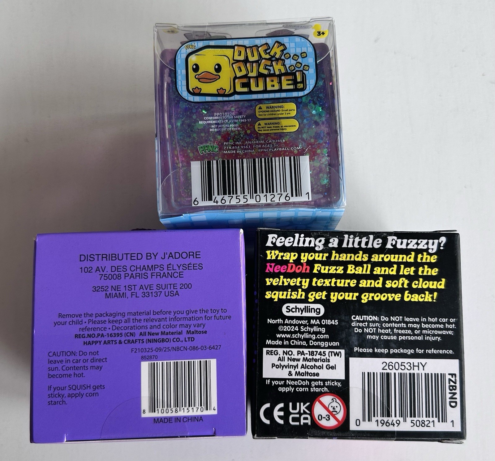 Authentic RARE NeeDoh Fuzz Ball, J’adore Gum Droppable & Duck Duck Cube Squishy