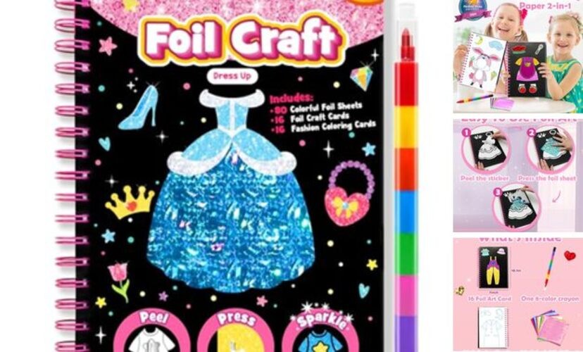 Foil Art Craft Kit for Girls 4-10 Years Old: Mess-Free & No-Glue, Create Dress