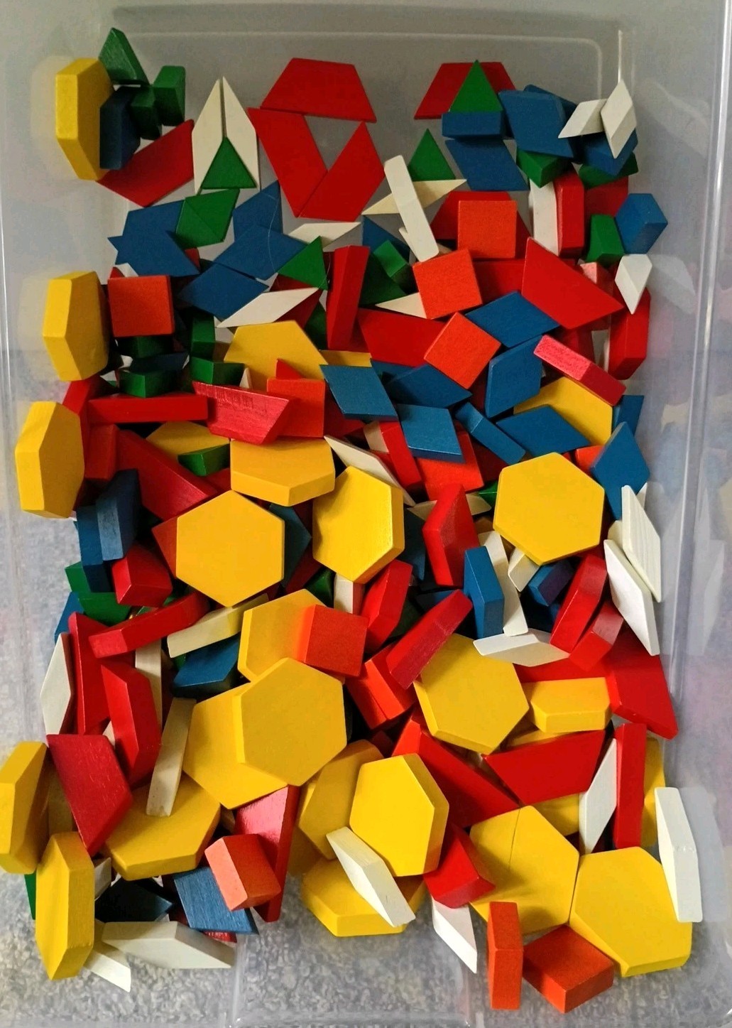 Geometric Pattern Blocks Lot Multi Color Shapes Wood Wooden For Math Used
