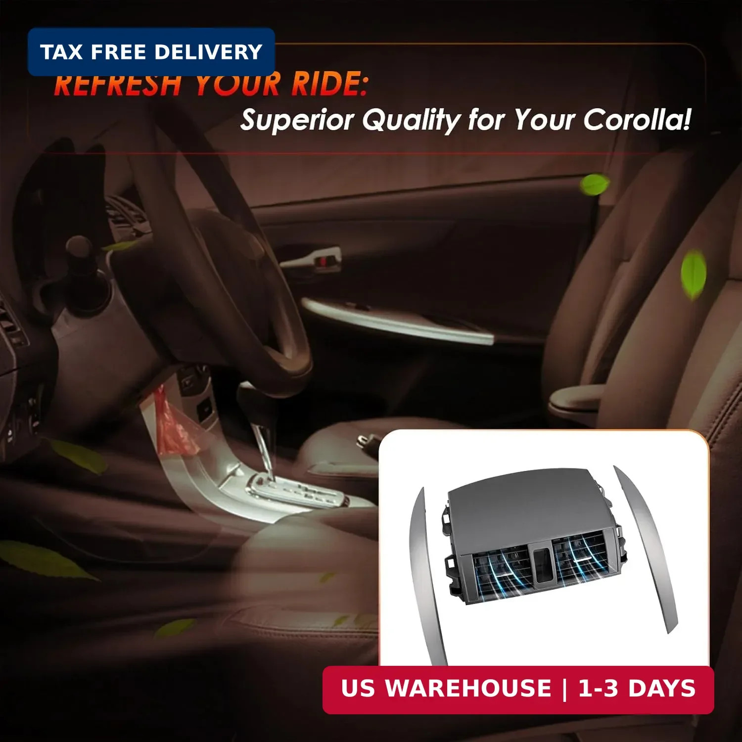Center A/C Dash Air Vent, Compatible with 2008-2013 Corolla, w/Cover Strips Trim