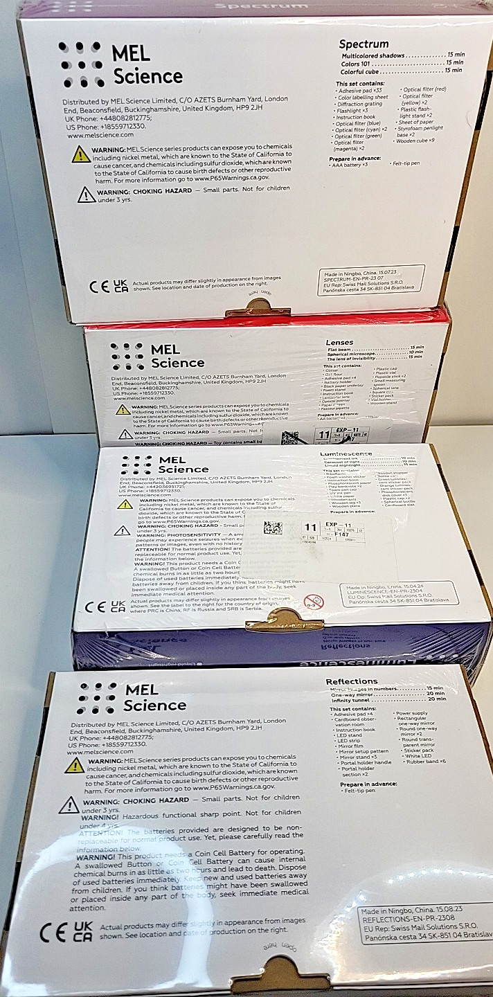 Mel Science Kits Ages 8+ Lot of 4 Lenses Spectrum Reflections Luminescence New