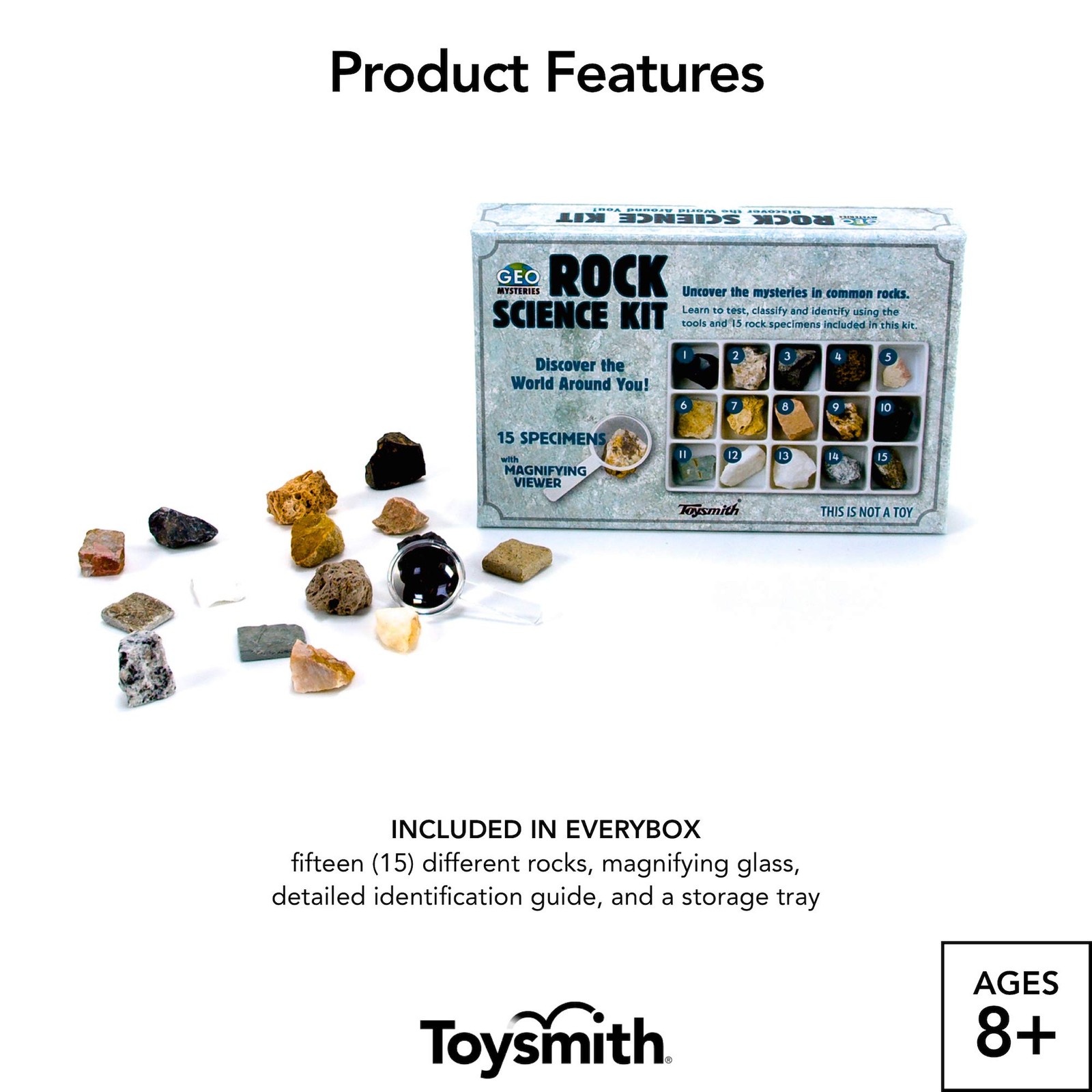 Toysmith Rock Science Kit 15 Specimens Magnifying Viewer Geology Fun for Ages 8+