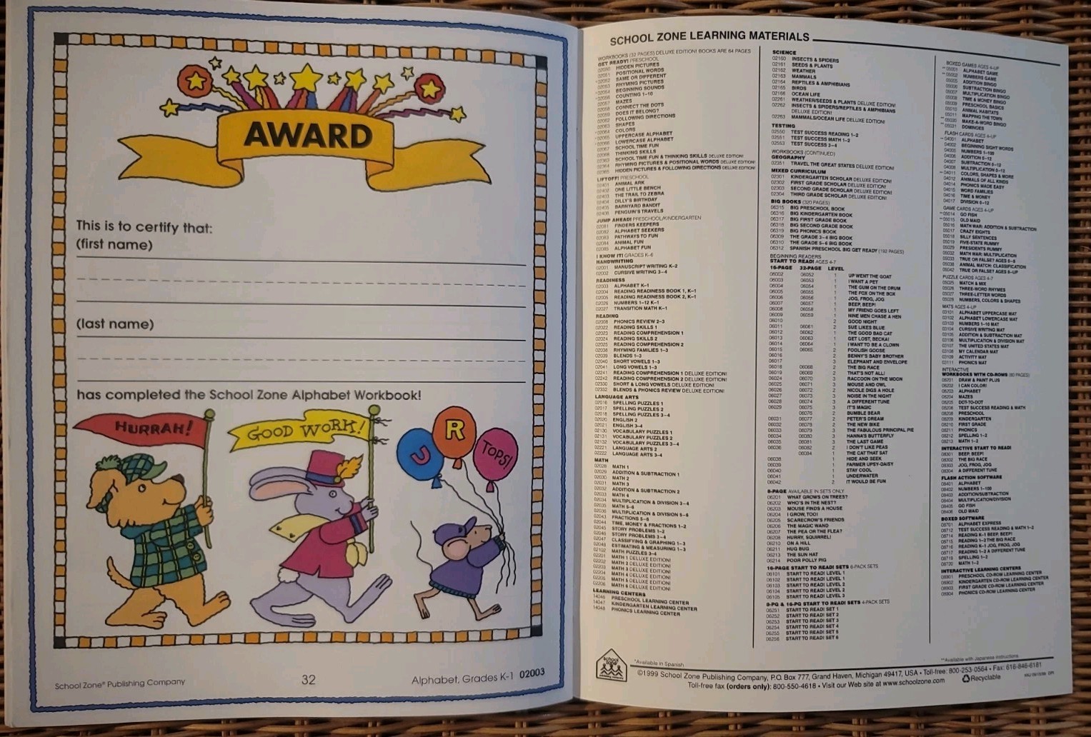 School Zone Alphabet Grades K-1 Workbook Written By Joan Hoffman