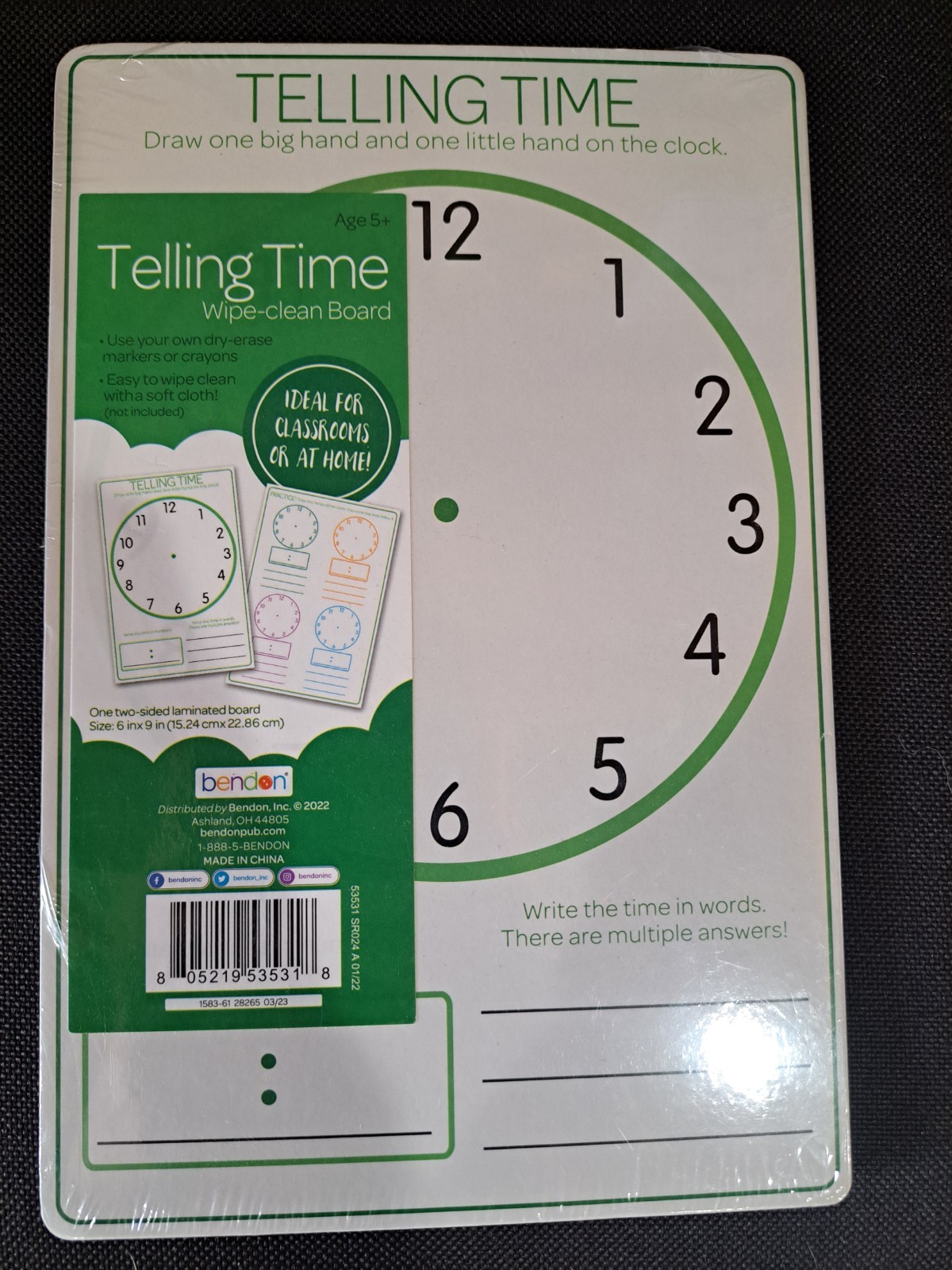 Bendon Telling Time dry erase board, 2 Sided, 6inch.x 9inch.- NEW