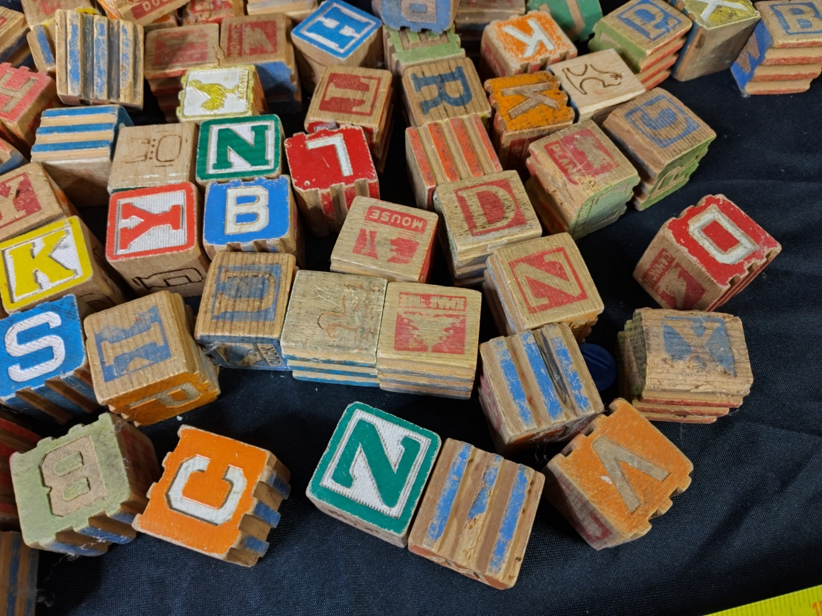 Vintage Wooden Alphabet Blocks Lot Antique ABC Number Animal Learning Toy Set
