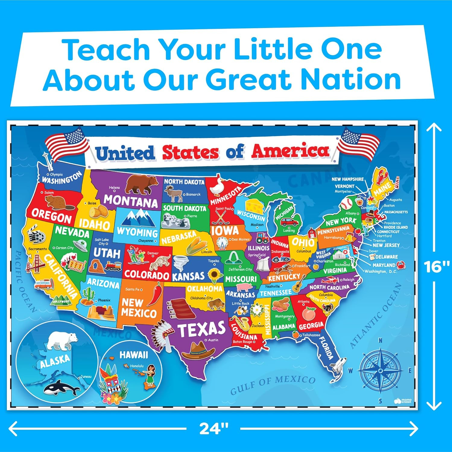 United States Map For Kids & World Maps For Kids 2pc Set – 24” x 16” Waterproof
