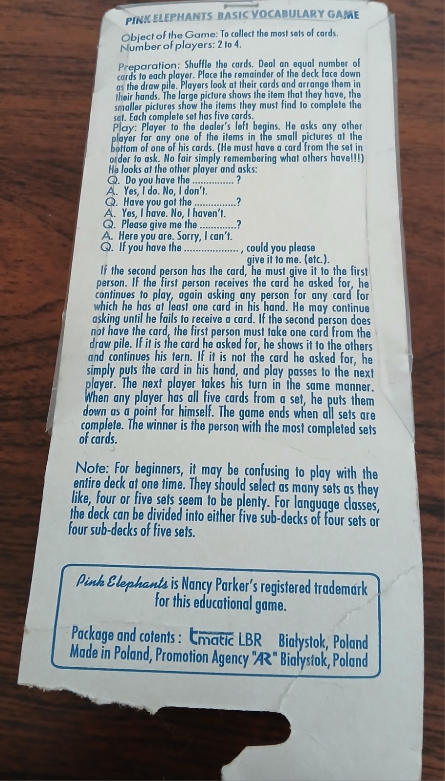 Pink Elephants Basic Vocabulary Game Made In Poland