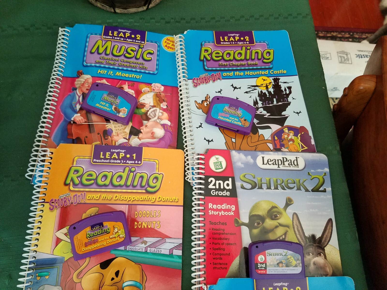 8 LEAP FROG 1 and 2 Cartridges w/ Books Scooby Doo Spongebob Shrek Microphone