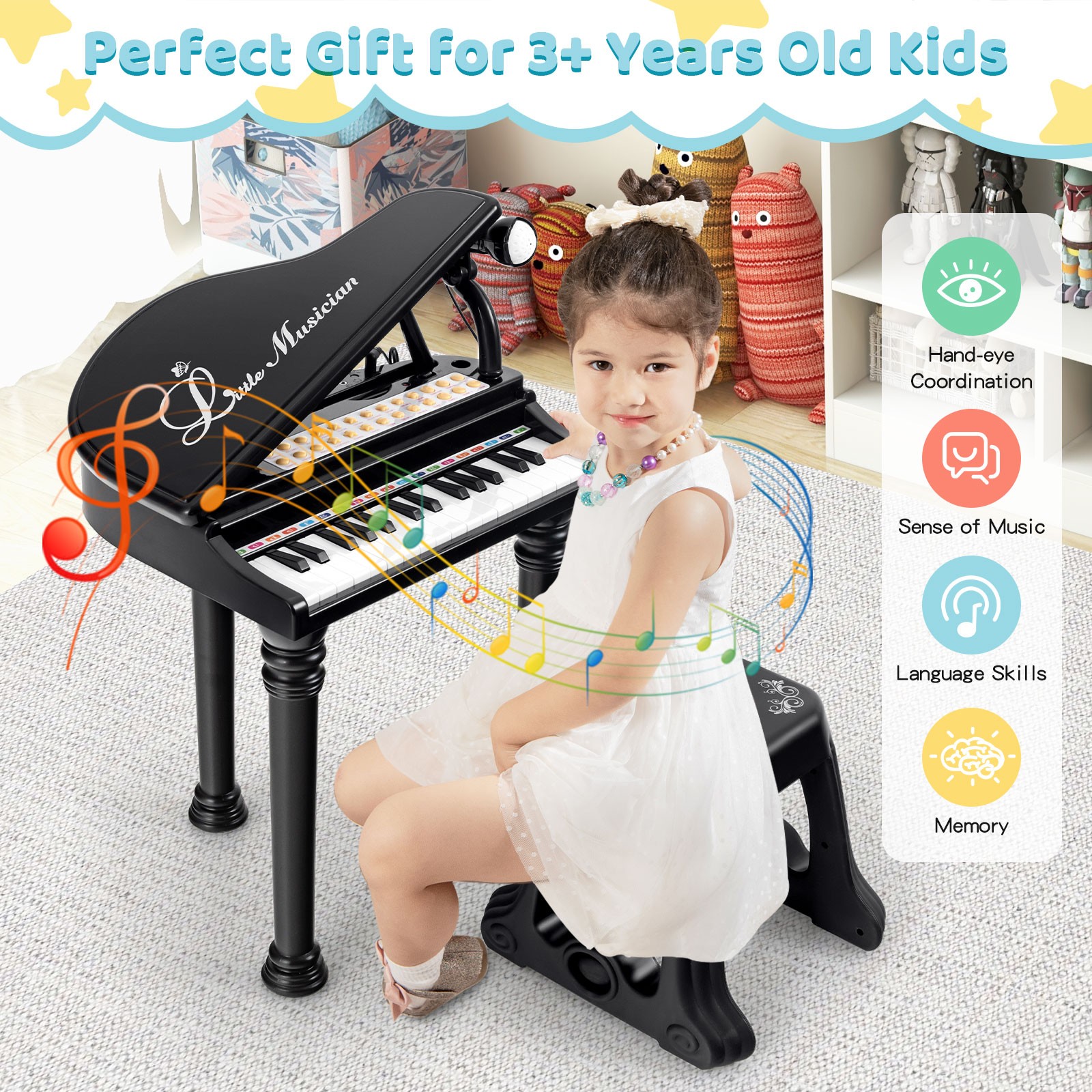 31 Keys Kids Piano Keyboard Toy Toddler Musical Instrument w/ Stool & Microphone