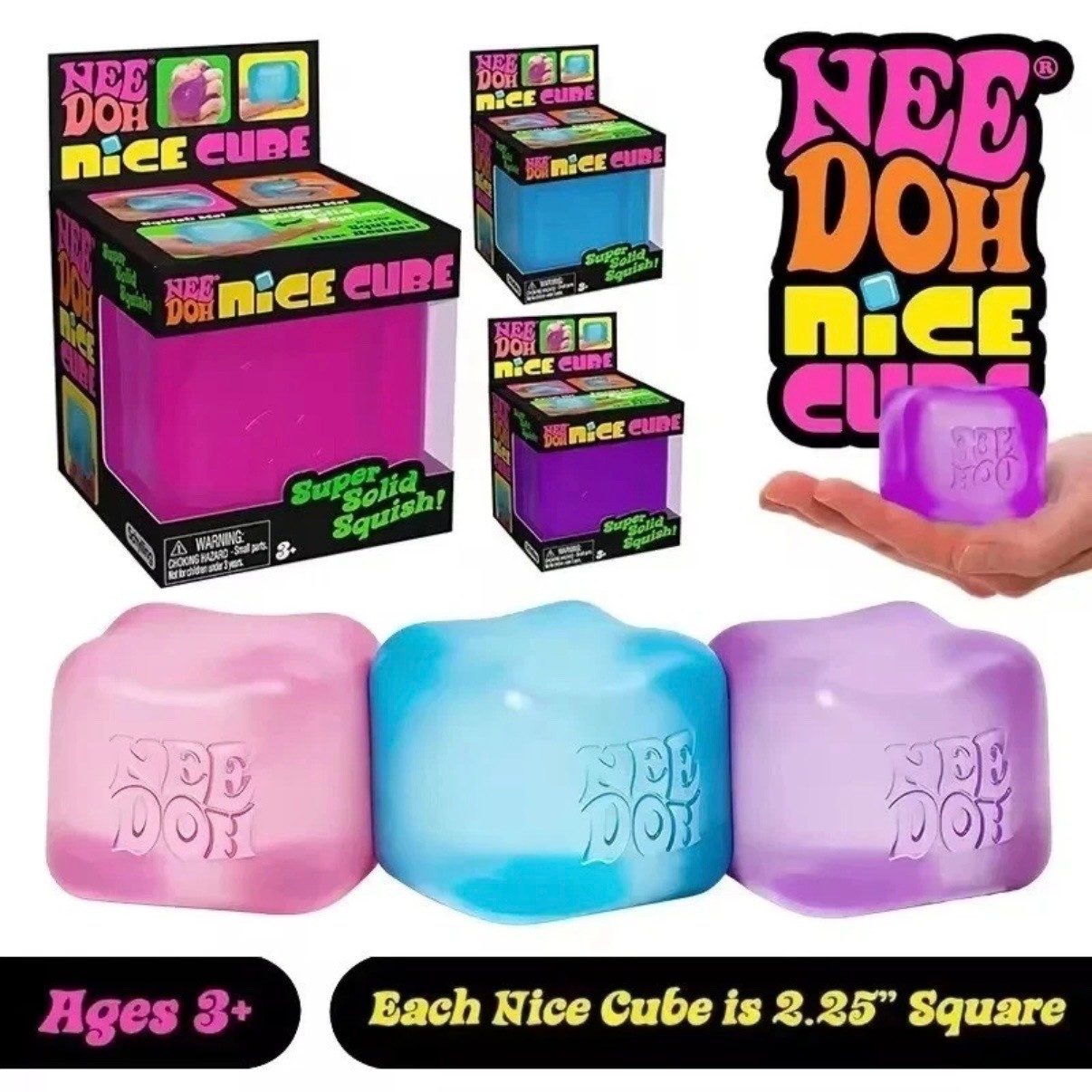 Nee Doh Nice Cube – Super Solid Squish! (Blue, Purple, Pink) New