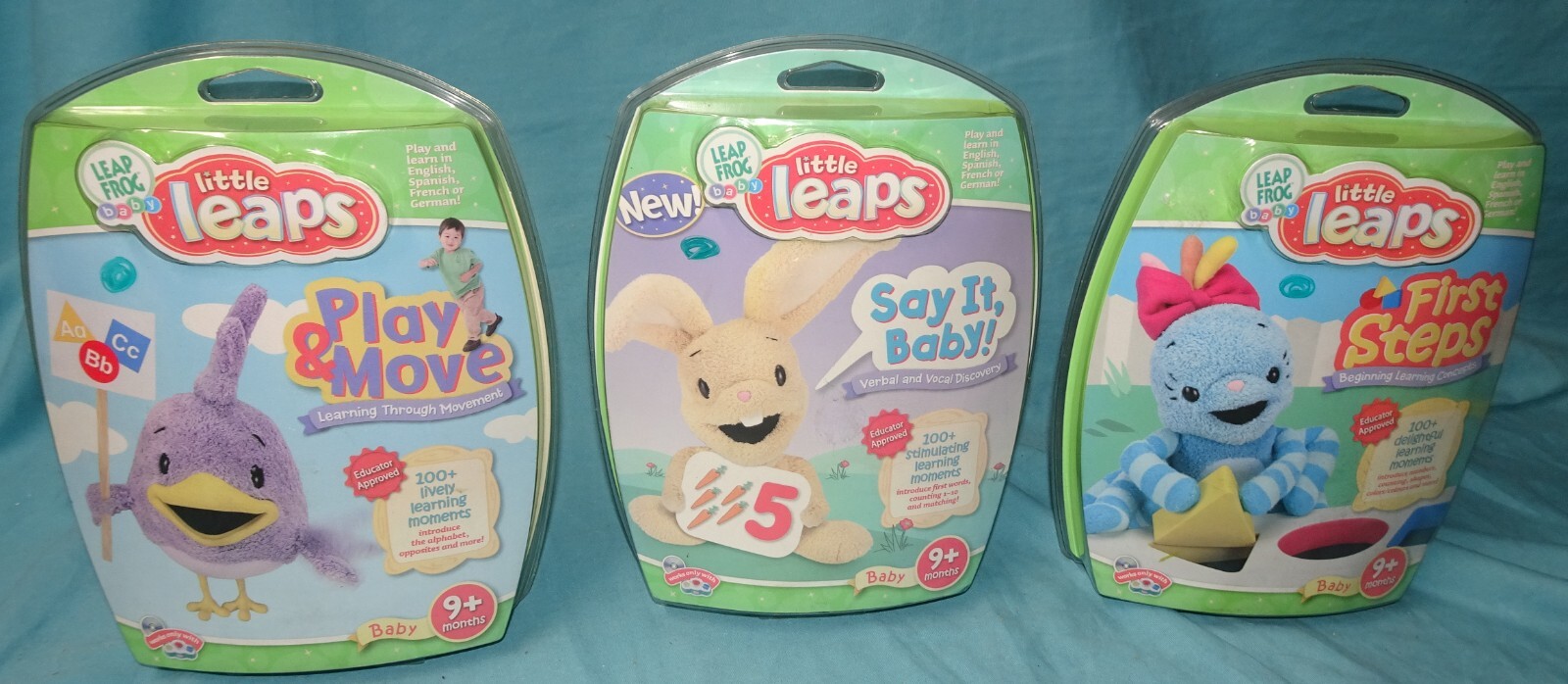 Lot Of 3 Leap Frog Little Leaps DVD = first steps say it play move baby 9 months