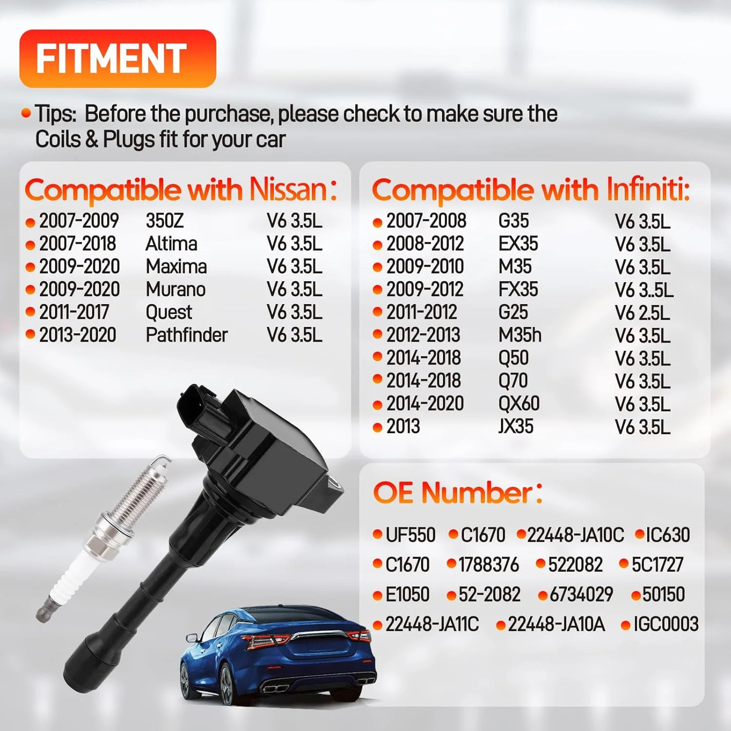 6PCS Ignition Coil & Iridium Spark Plug Packs Compatible with Nissan 2007-2020 A
