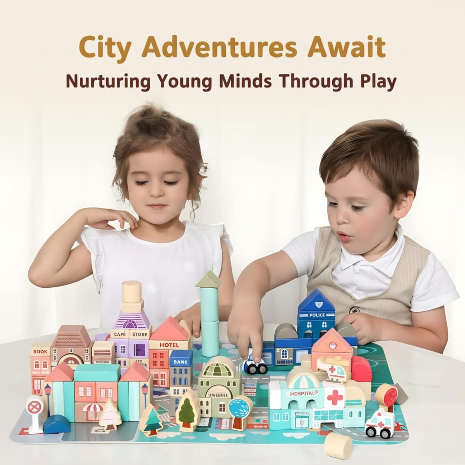 Migargle Wooden Building Blocks Set, 115 Pcs City Construction Stacker Stacking