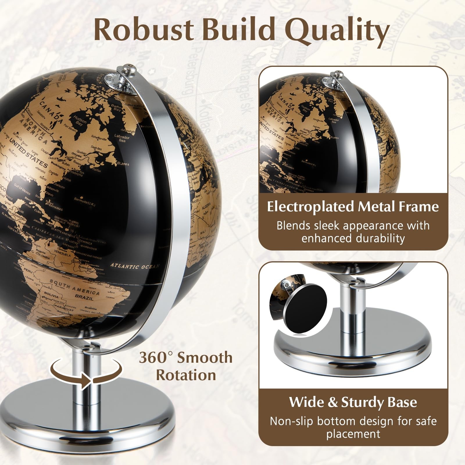 Toolsempire 8″ World Globe, Black Earth Globe with Gold Accents, Metal