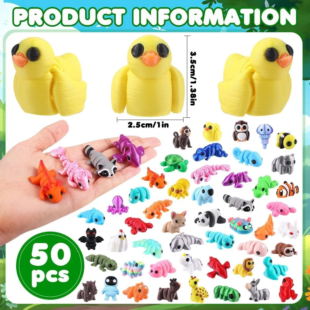50Pcs Mini 3D Printed Animals for Kids Little 3D Printed Figurines for Party Fav