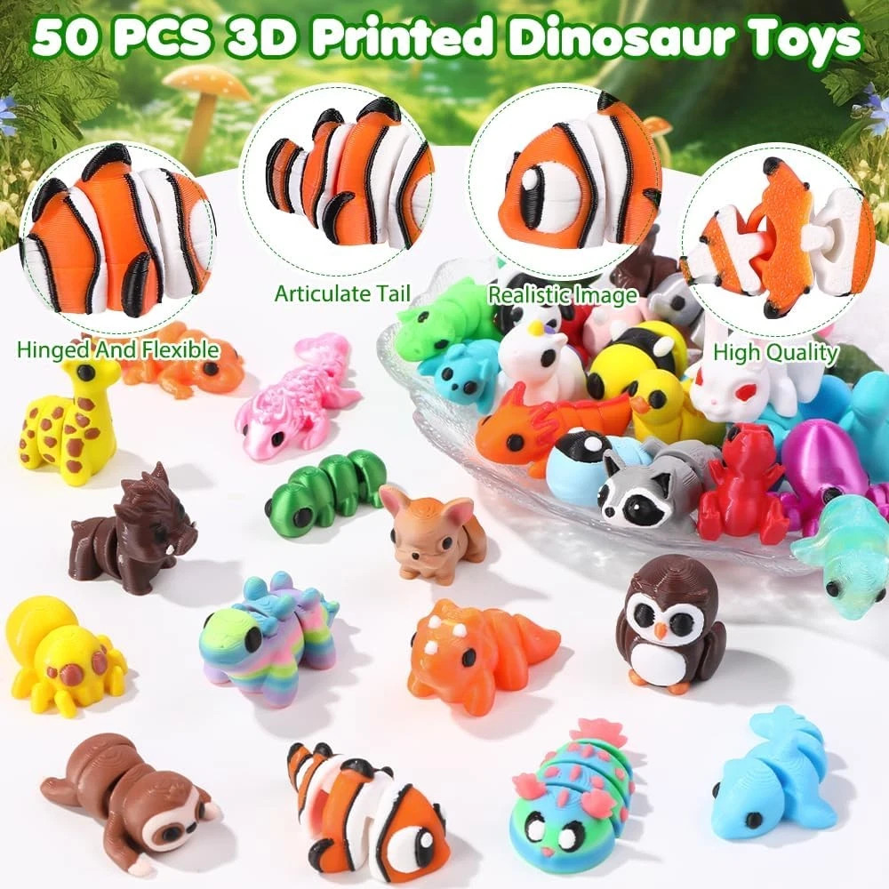 50Pcs Mini 3D Printed Animals for Kids Little 3D Printed Figurines for Party Fav