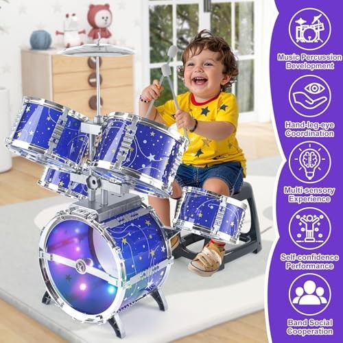 Upgraded Kids Drum Set – Light Up Musical Toy for Toddlers 1-7, Jazz Drums for B