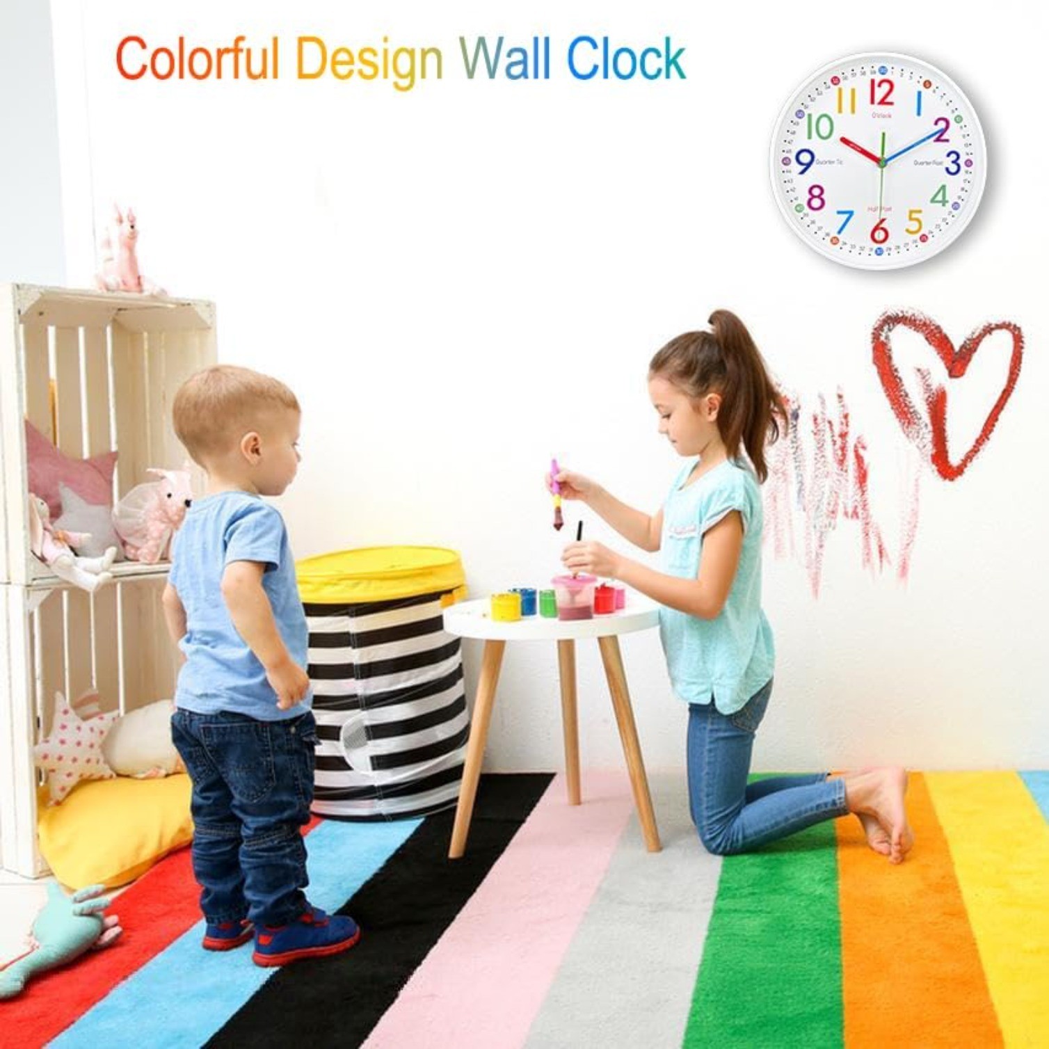 10 Inch Learning Clock for Kids,Telling Time Easily Non Ticking Battery Operated