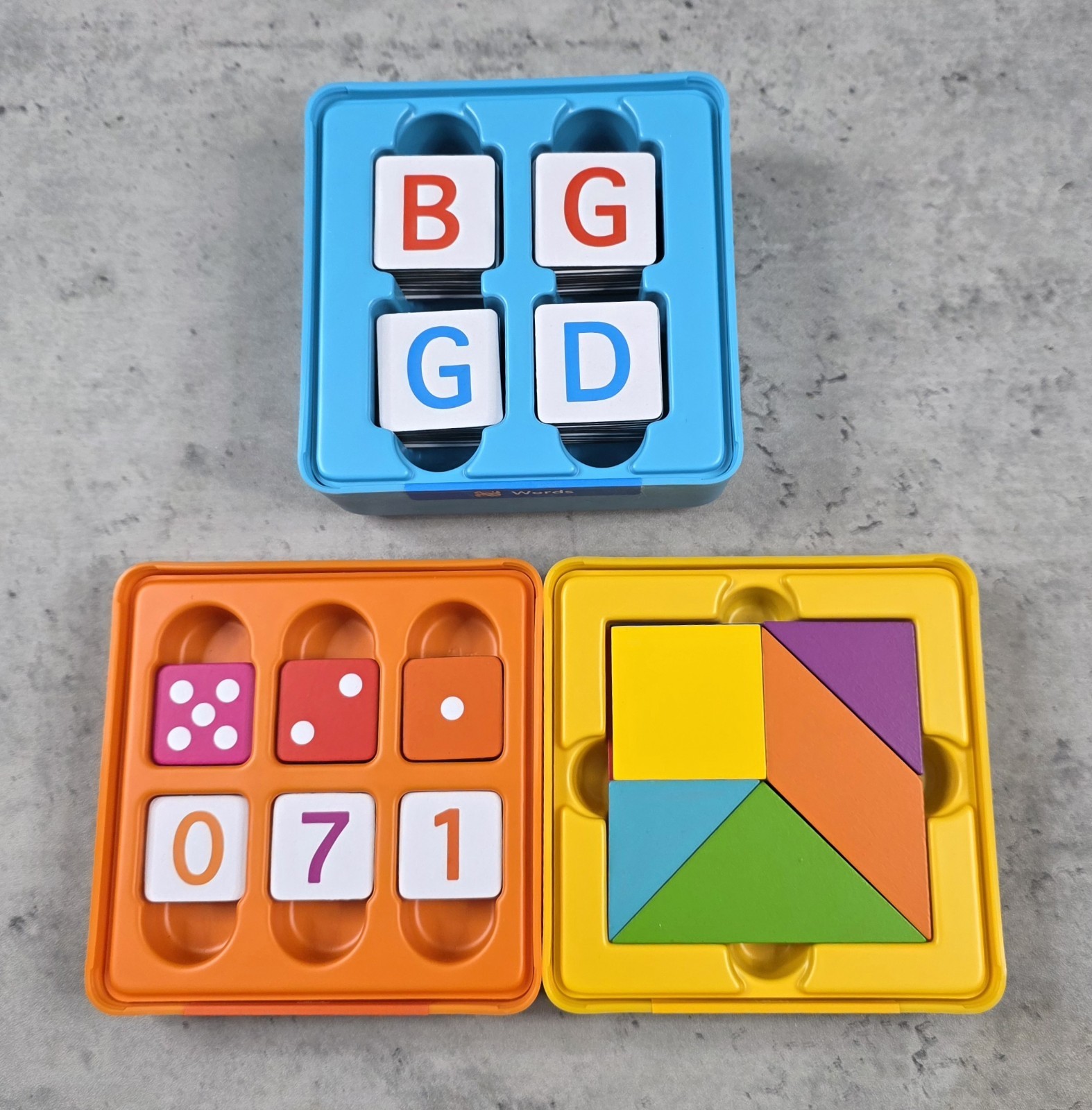 OSMO Game Tile Kits Lot of 3 -Words -Numbers -Tangram w Stackable Storage Cases