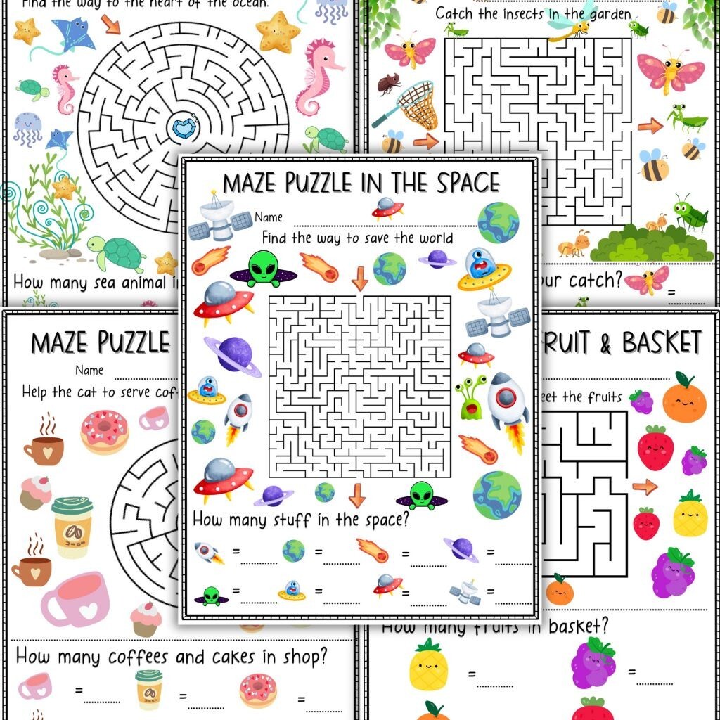 Maze, Puzzle & Counting Printable Worksheets | Fruit, Sea Animals, Space & More