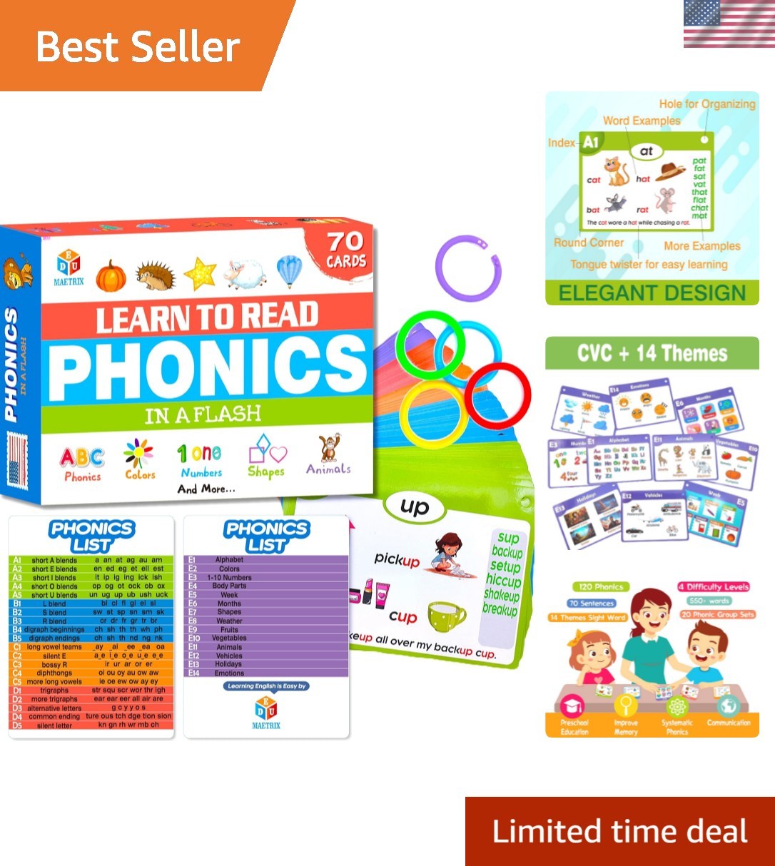 70PCS Phonics CVC Flash Cards Set 20 Phonic Stages Bonus 10 Life Skill Cards …