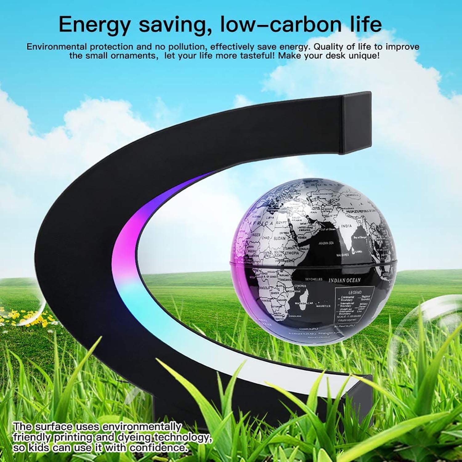 RTOSY Magnetic Levitation Floating Globe with LED Light, Desk Gadget silver