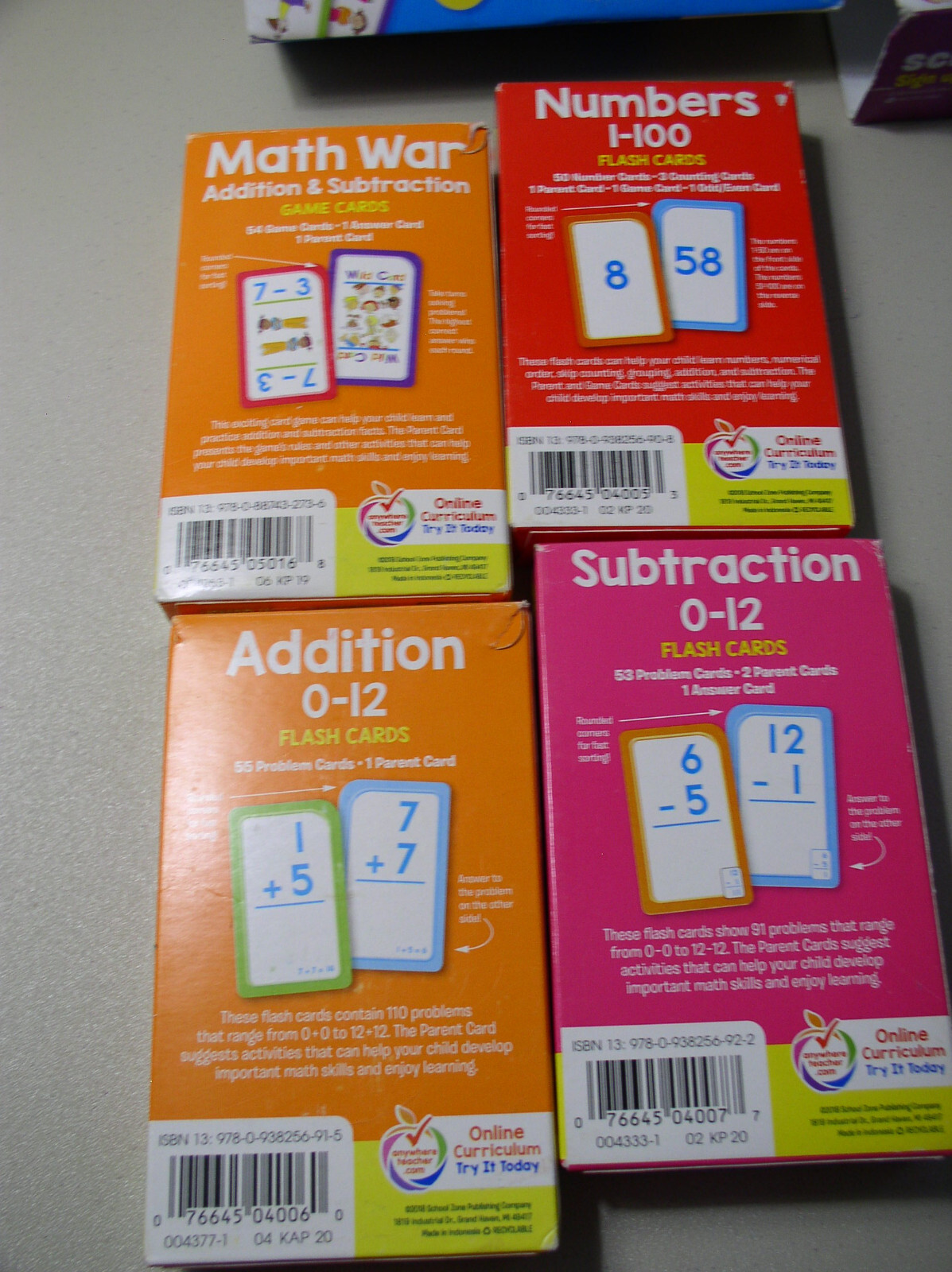 School Zone Flash Cards 4 Pack Math and 4 Pack Reading 8 Packs Ages 4-6 and Up