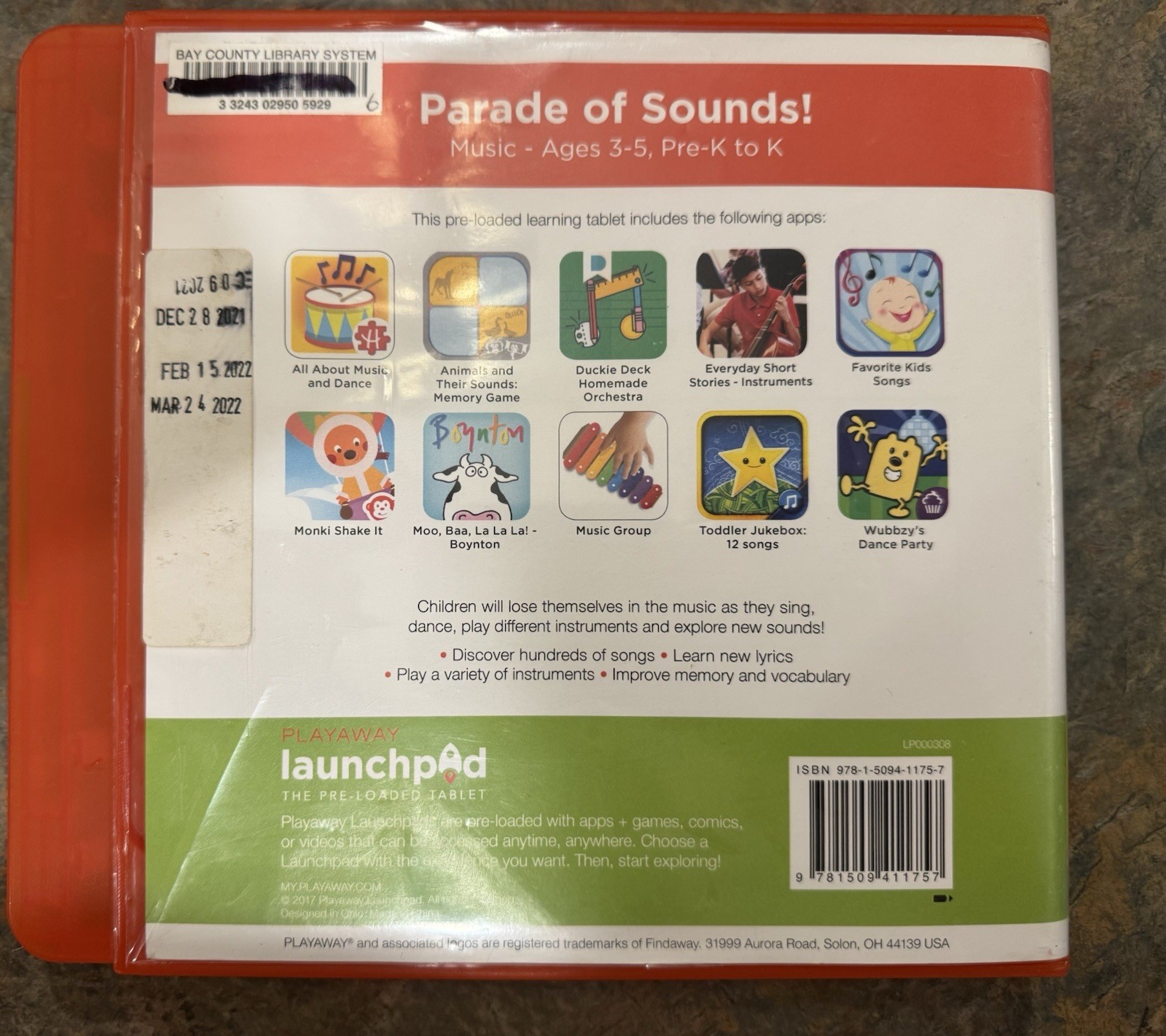 Playaway Launchpad Kids Tablet “Parade of Sounds!” Ages 3+ Orange Cracked screen
