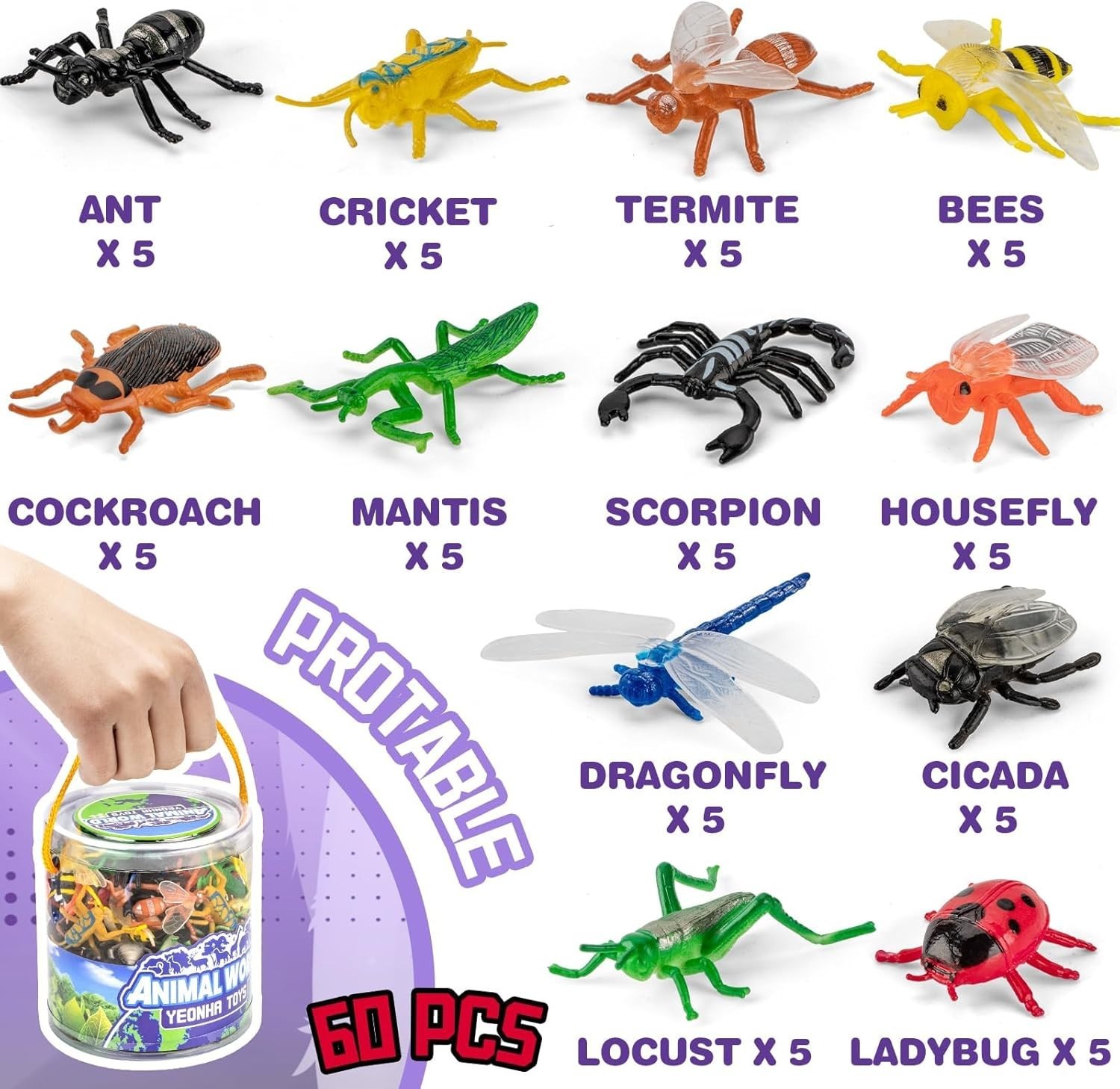 60 Piece Mini Insect Toys with Gift Box, Plastic Bug Figure for Kids, Fake Bug