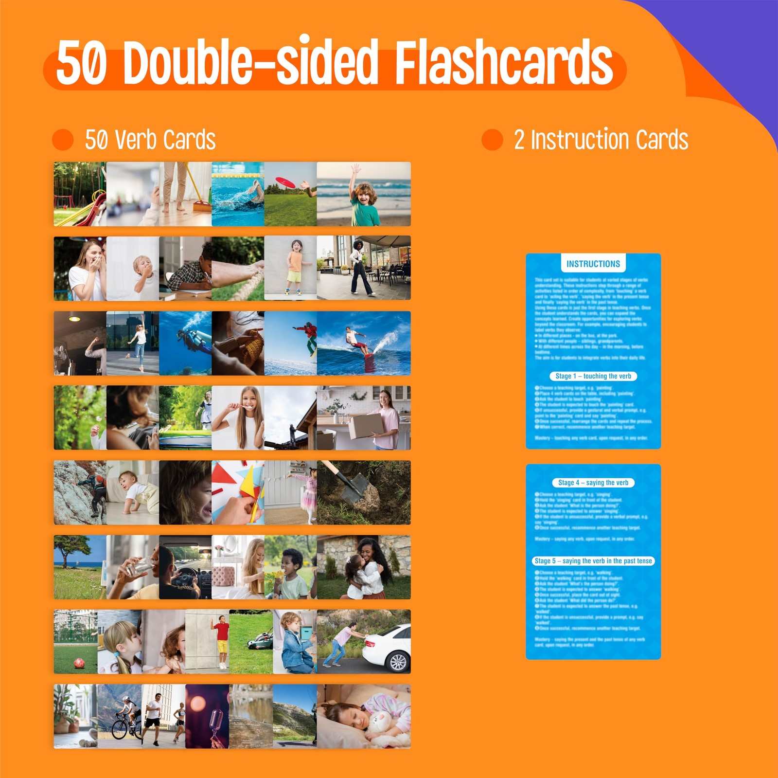 50 Verb Flashcards, Picture & Word Cards Action Language Builder Visual Aid L…