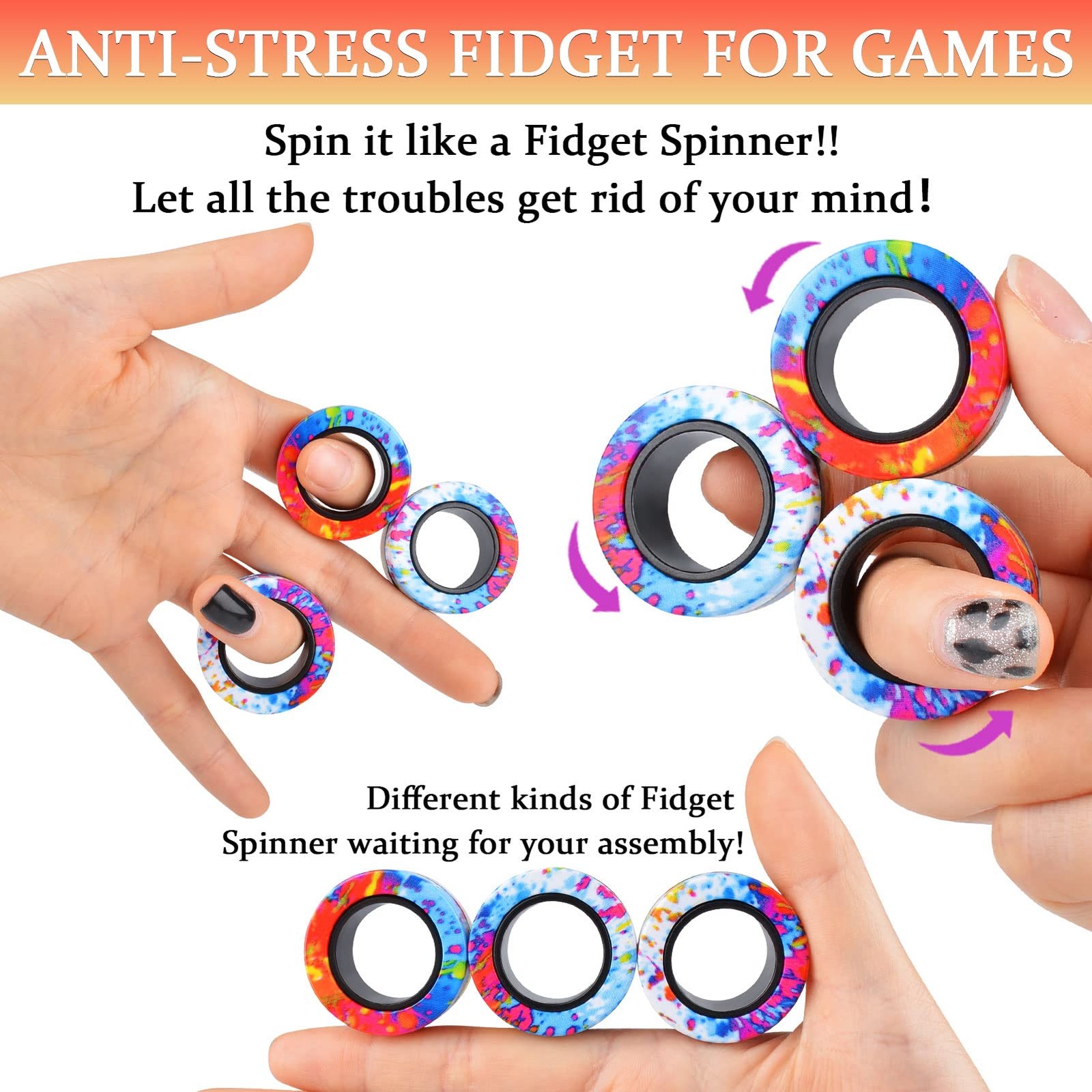Cevioce 3Pcs Magnetic Rings Fidget Toy Set, ADHD Anxiety Small, [Multi]