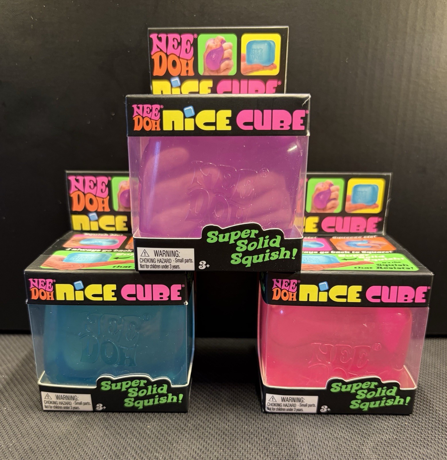 Authentic Nee Doh Nice Cube – Super Solid Squish! Lot of 3 Blue, Pink, Purple