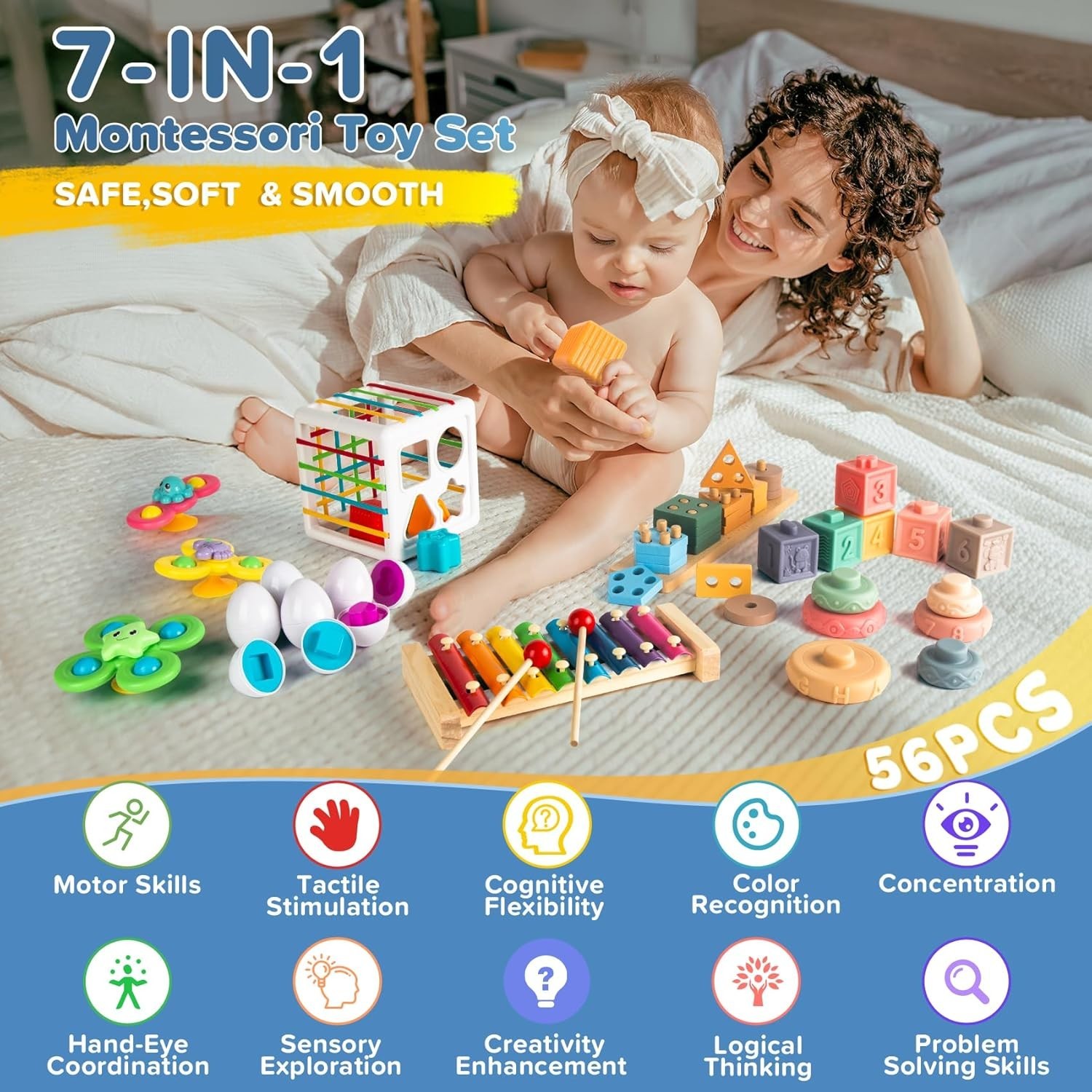 7‑in‑1 Montessori Baby Toys for 6‑12 Months & 1+ Years, Infant Sensory Teething