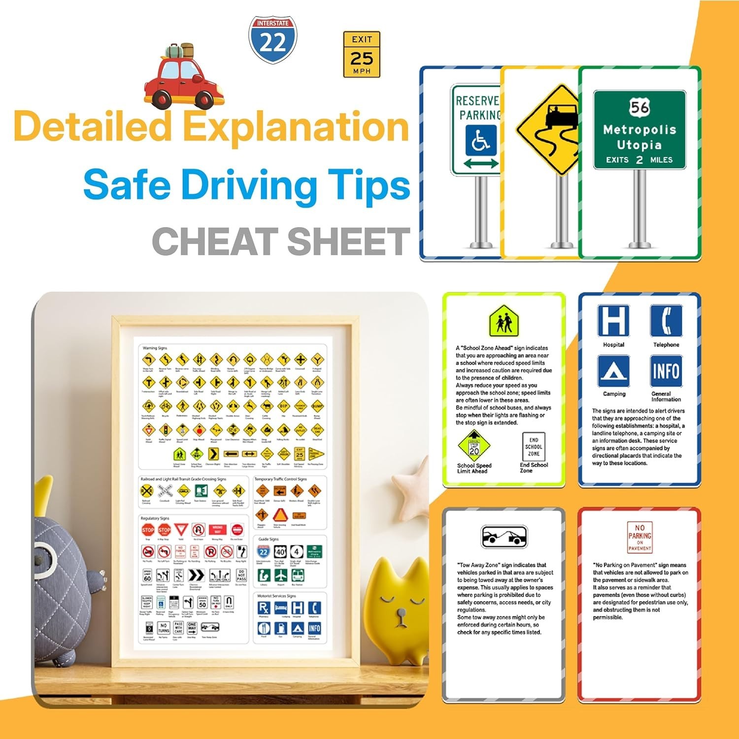 Portable 100 Road Sign Flash Cards and Cheat Sheet – Drive Safely & Effectively