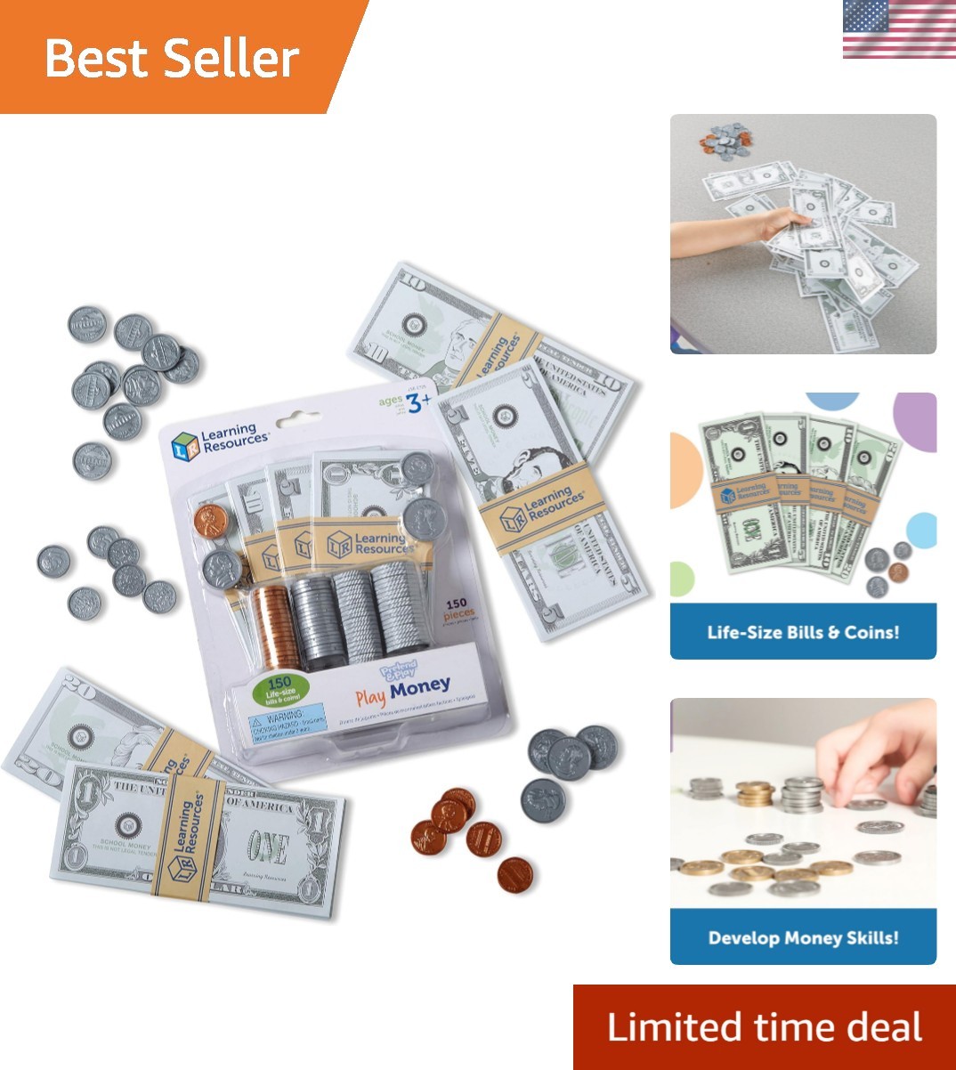Pretend Play Money – Math Manipulatives for Kids, Kids Bank, Plastic Coins, C…
