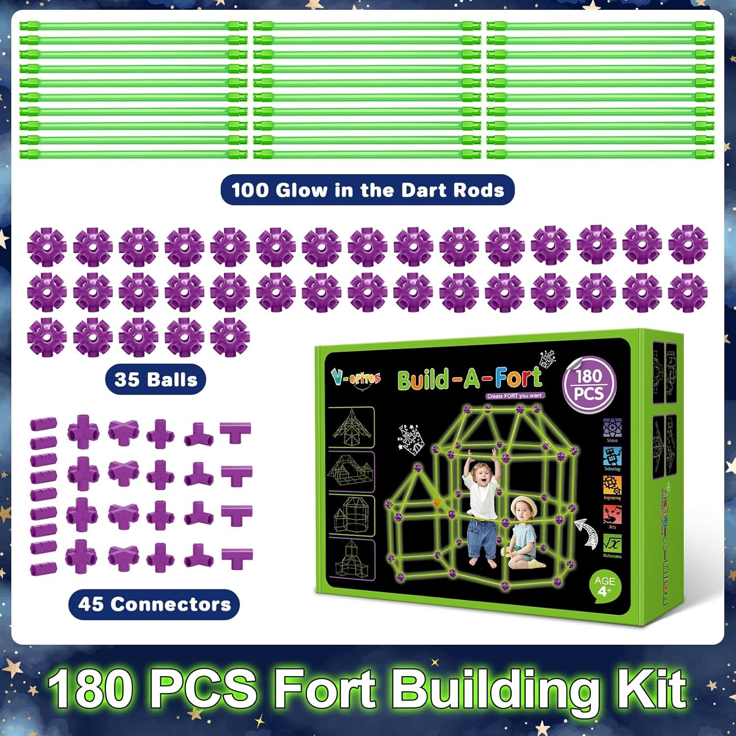 140 PCS Glow Fort Kit Kids STEM Toy DIY Castle Tunnel Tent Boys Girls Age 4-10