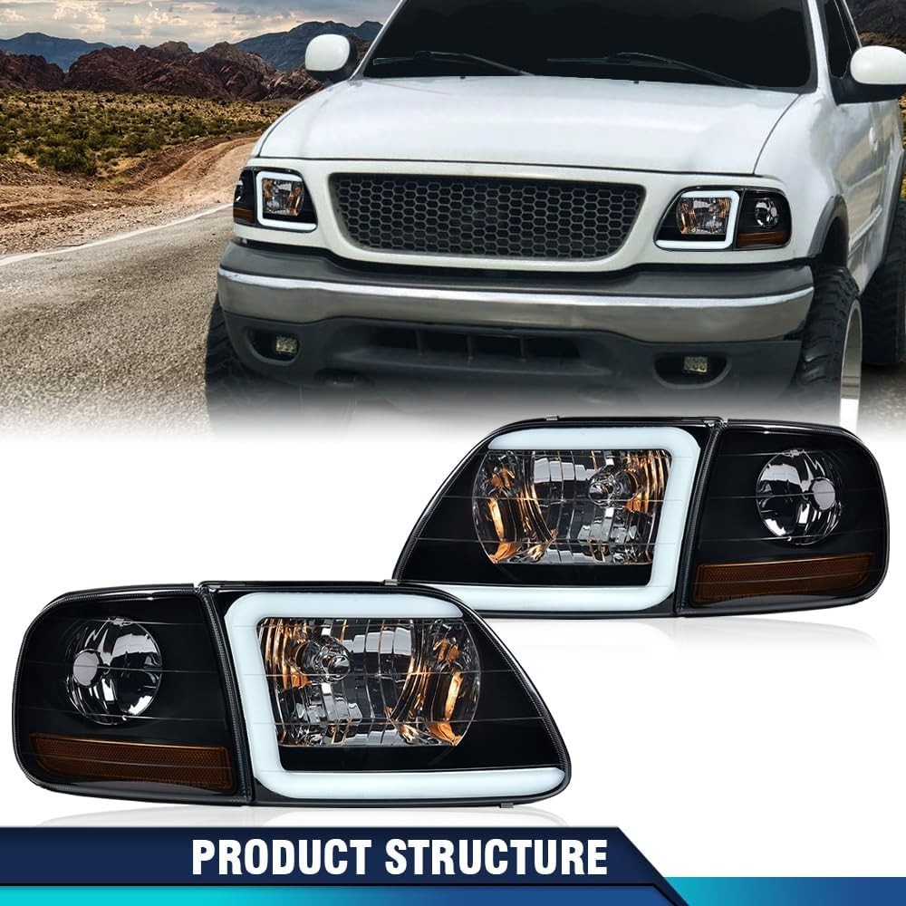 LED DRL Headlights For 1997-2002 Ford Expedition 1998-2003 F150 Black