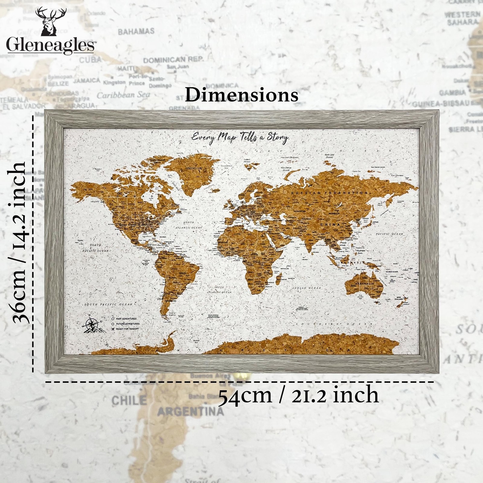 Gleneagles World Travel Map with Pins – Gray Frame Cork Board 70 Push Pins In…