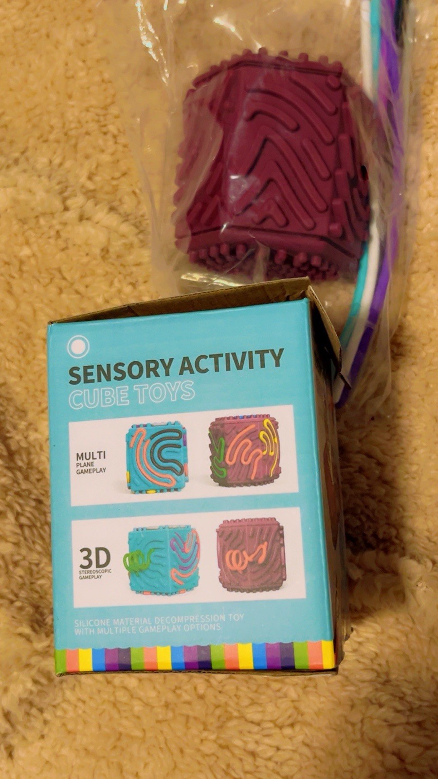 Montessori Sensory Activity Cube Silicone Baby Toy Pull String Tactile 36M+